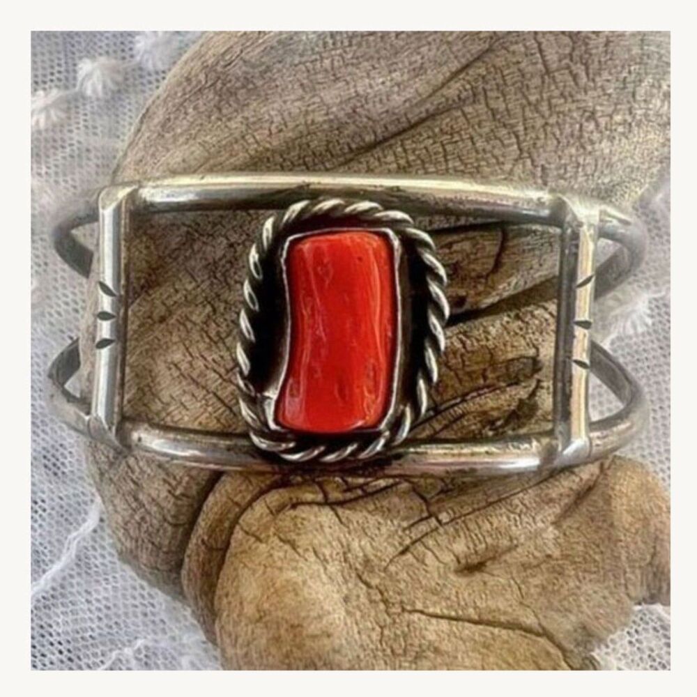 Vintage 60's/70's Handmade Red Coral Native Cuff